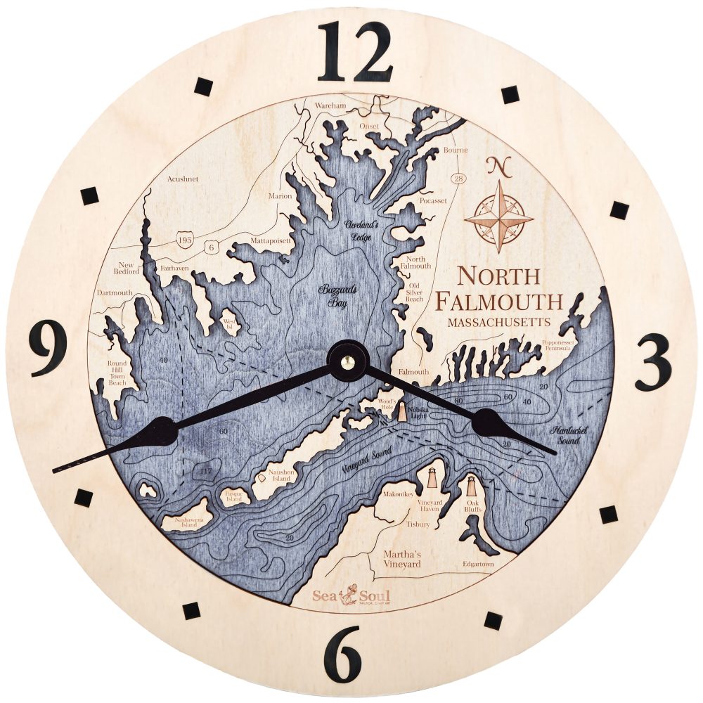 North Falmouth Nautical Map Clock Birch Accent with Deep Blue Water Product Shot
