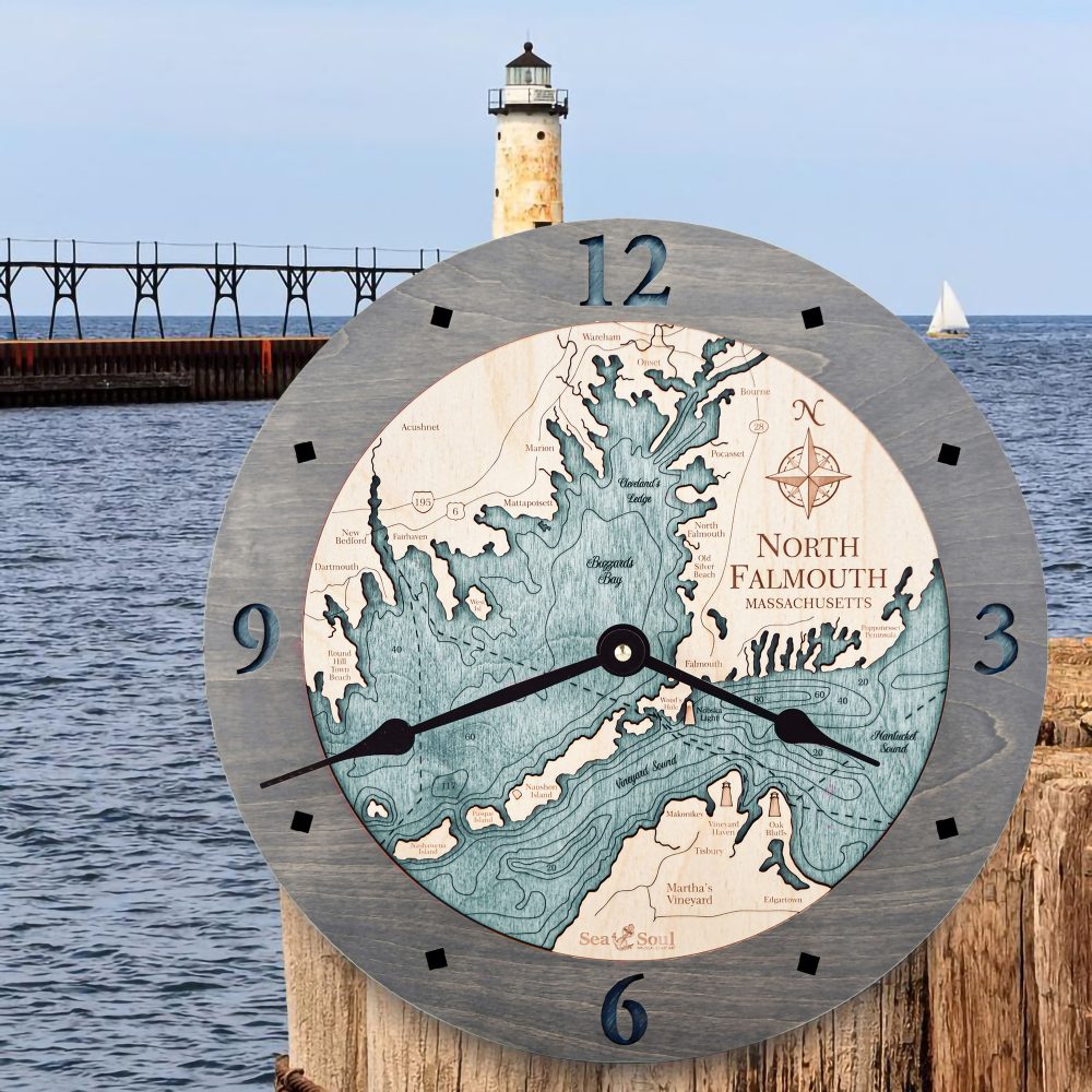 North Falmouth Nautical Map Clock Driftwood Accent with Blue Green Water Sitting on Dock Post by Lighthouse