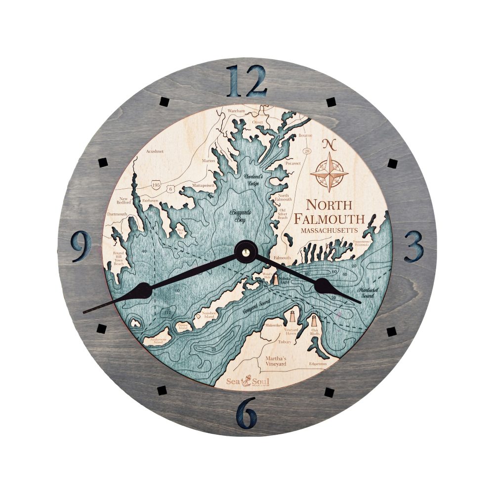 North Falmouth Nautical Map Clock Driftwood Accent with Blue Green Water