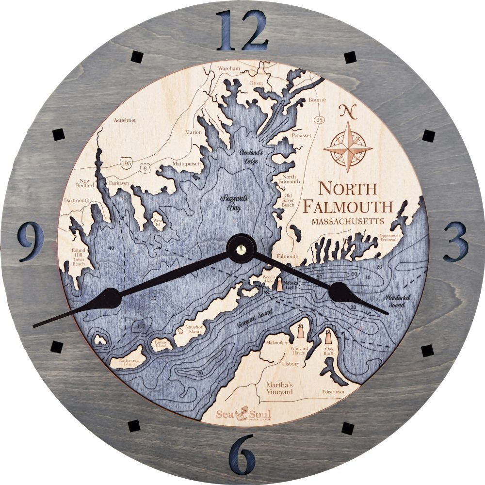 North Falmouth Nautical Map Clock Driftwood Accent with Deep Blue Water Product Shot