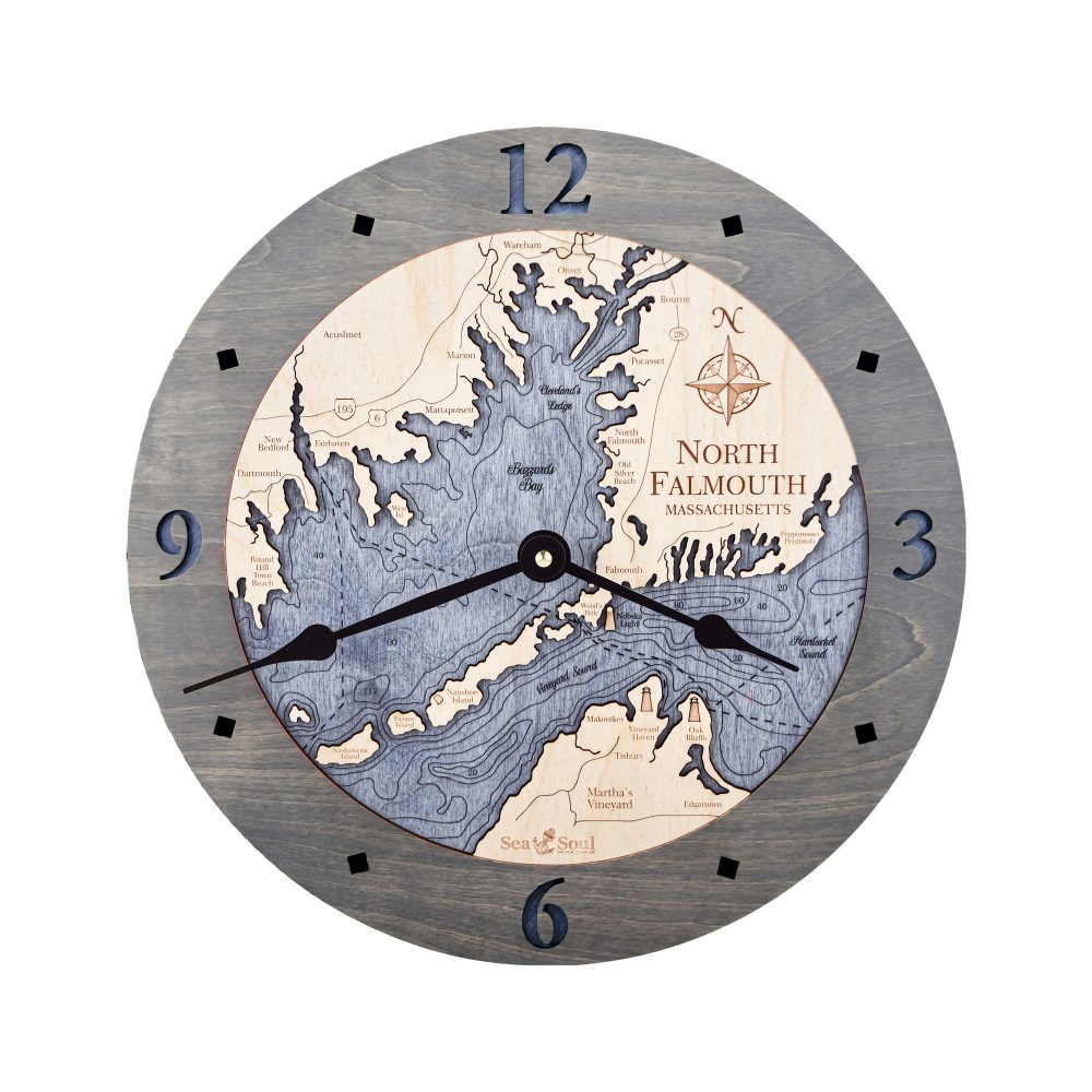 North Falmouth Nautical Map Clock Driftwood Accent with Deep Blue Water