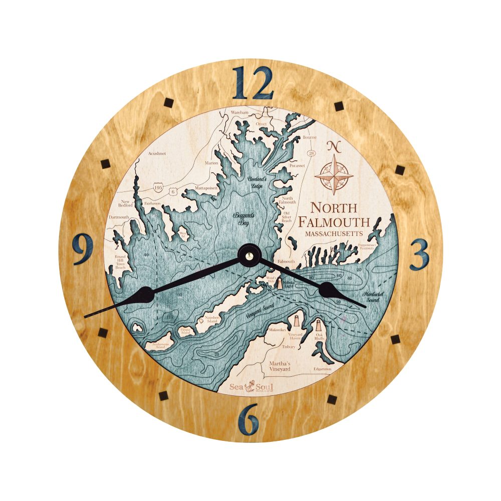 North Falmouth Nautical Map Clock Honey Accent with Blue Green Water