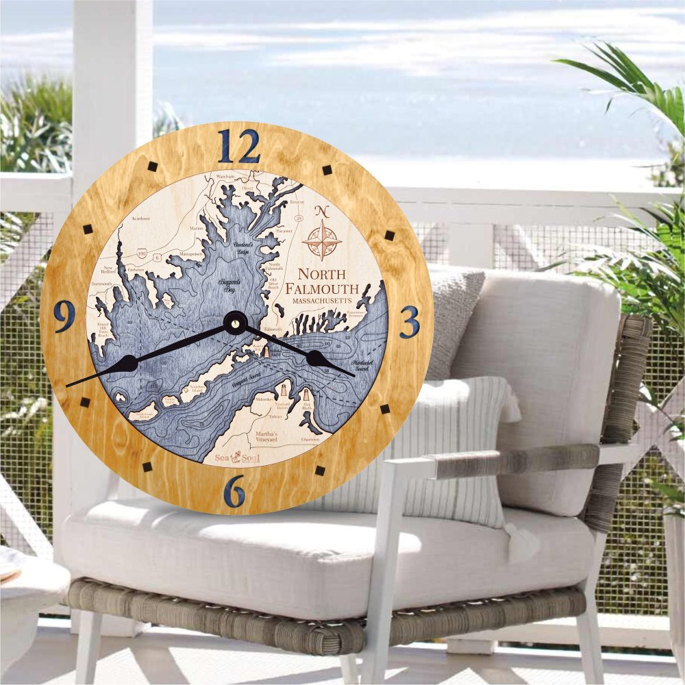 North Falmouth Nautical Map Clock Honey Accent with Deep Blue Water Sitting on Chair Outdoors
