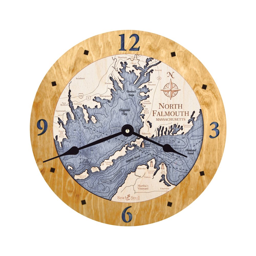 North Falmouth Nautical Map Clock Honey Accent with Deep Blue Water
