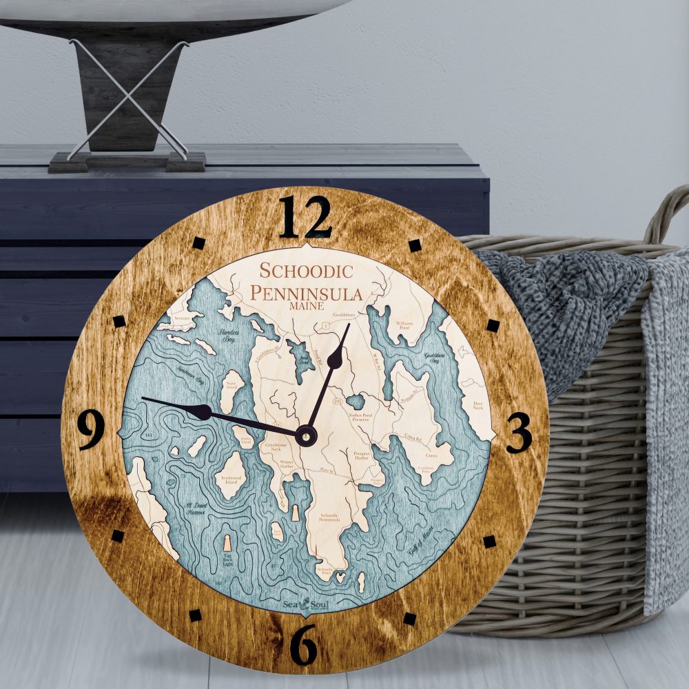 Schoodic Peninsula Nautical Map Clock Americana Accent with Blue Green Water Sitting on Ground by Basket
