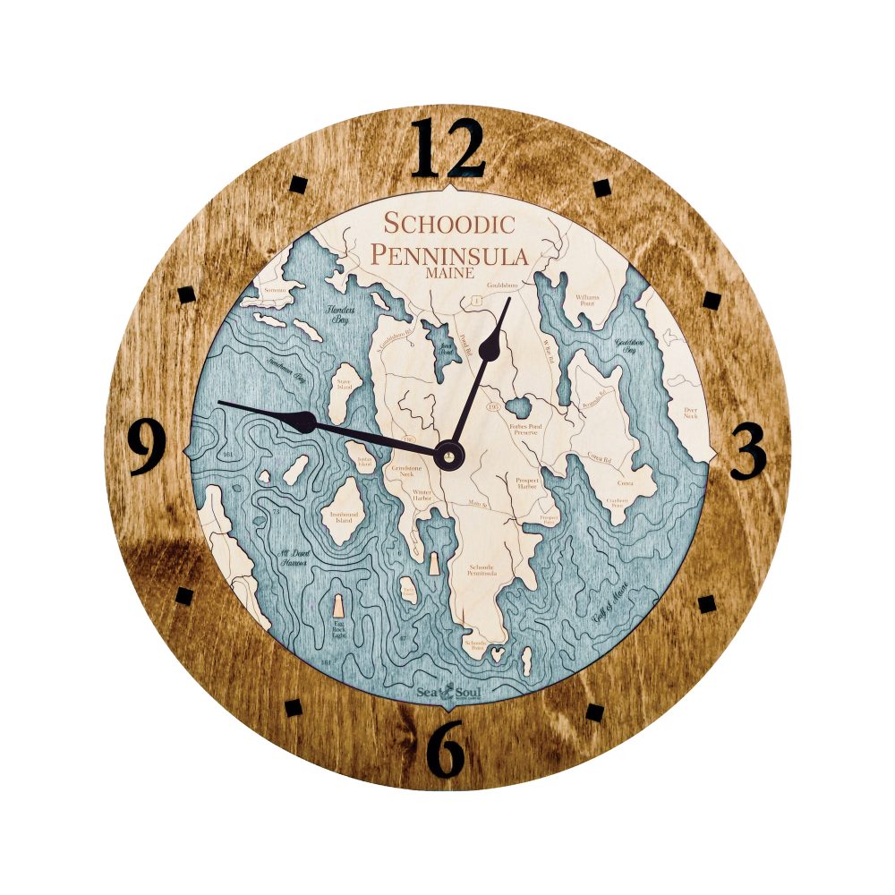 Schoodic Peninsula Nautical Map Clock Americana Accent with Blue Green Water