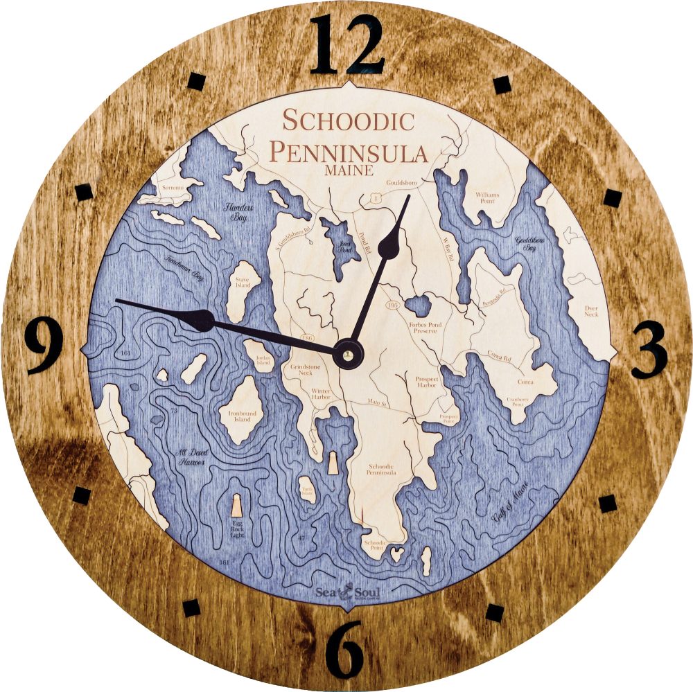 Schoodic Peninsula Nautical Map Clock Americana Accent with Deep Blue Water Product Shot