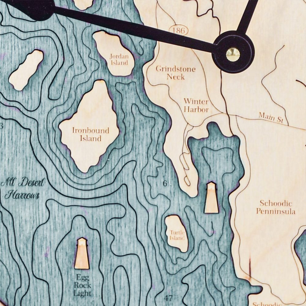 Schoodic Peninsula Nautical Map Clock Birch Accent with Blue Green Water Detail Shot 3