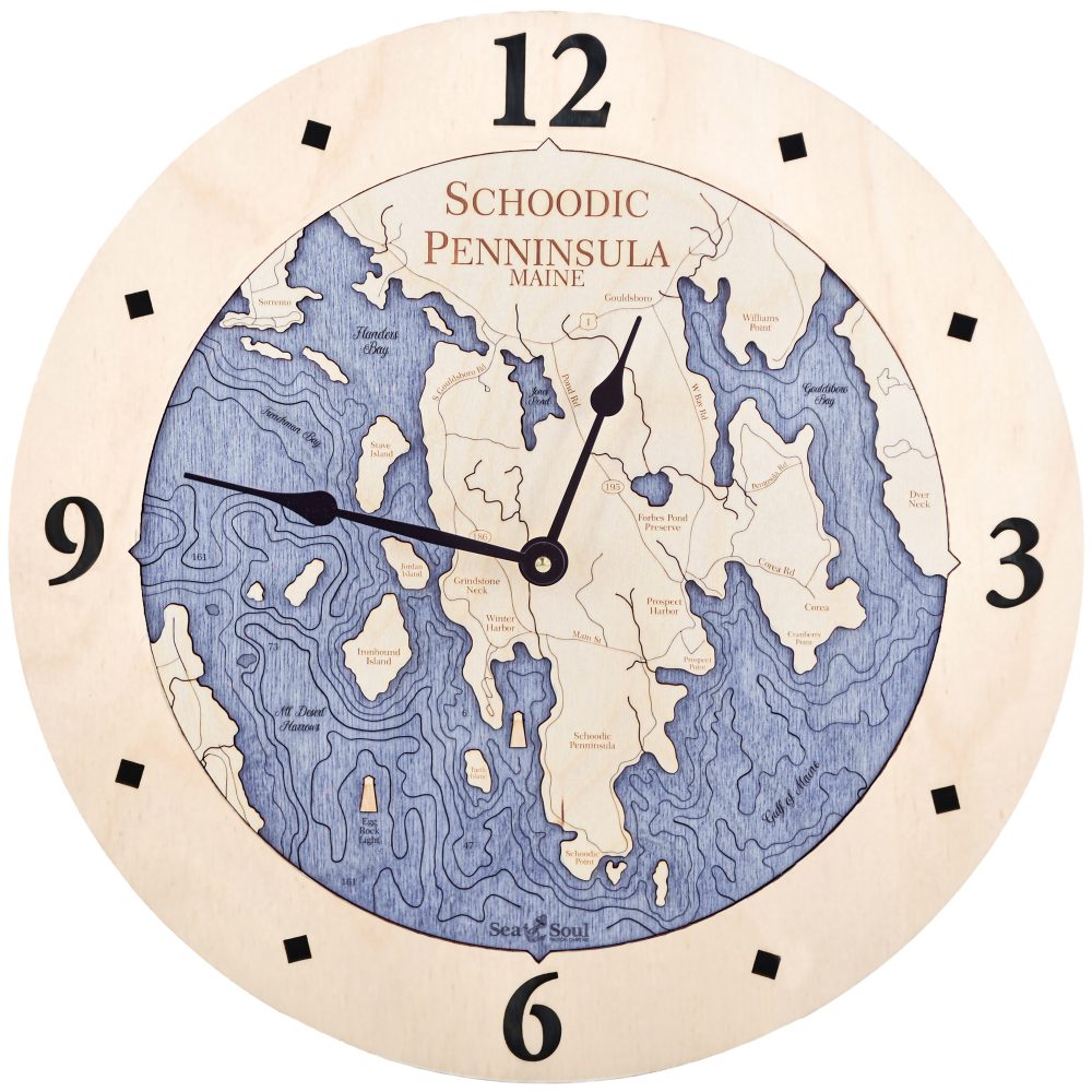 Schoodic Peninsula Nautical Map Clock Birch Accent with Deep Blue Water Product Shot