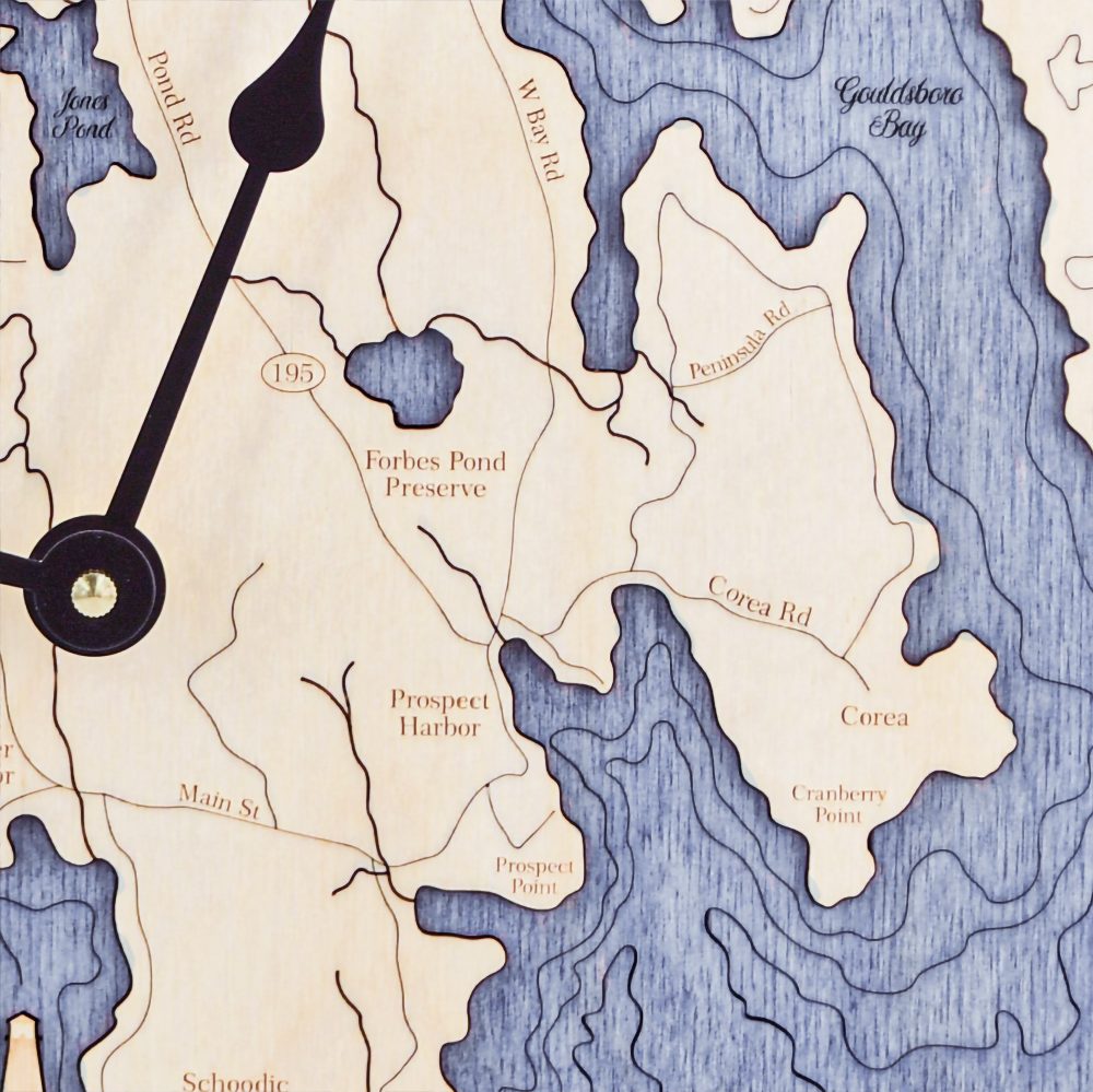 Schoodic Peninsula Nautical Map Clock Birch Accent with Deep Blue Water Detail Shot 2