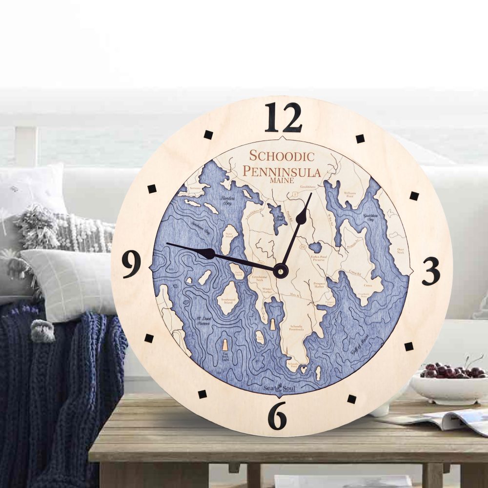 Schoodic Peninsula Nautical Map Clock Birch Accent with Deep Blue Water Sitting on Outdoor Table by Waterfront