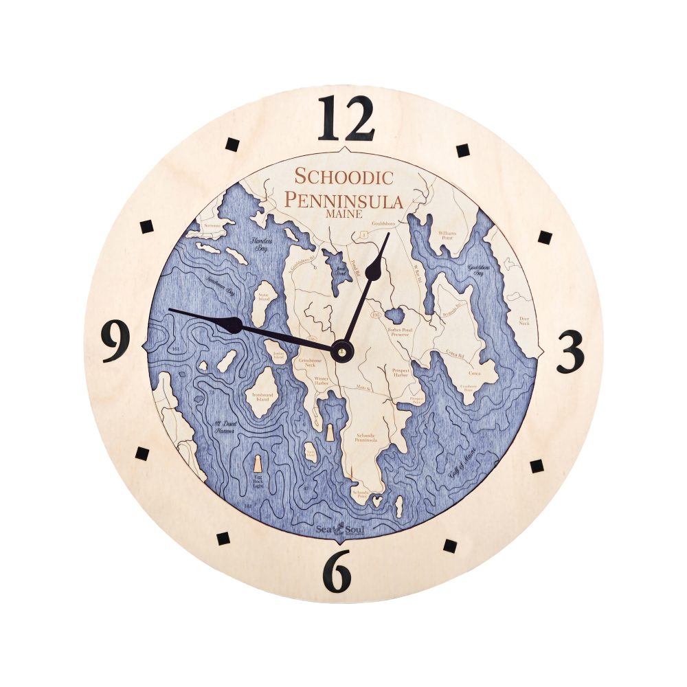 Schoodic Peninsula Nautical Map Clock Birch Accent with Deep Blue Water