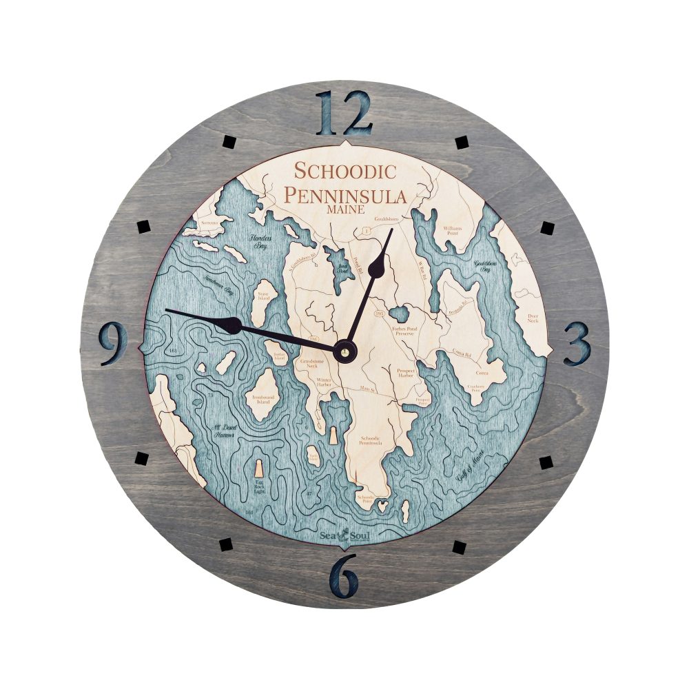 Schoodic Peninsula Nautical Map Clock Driftwood Accent with Blue Green Water