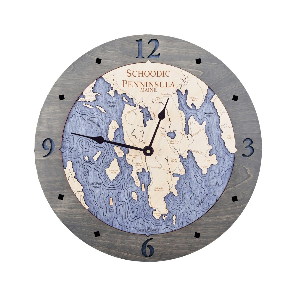 Schoodic Peninsula Nautical Map Clock Driftwood Accent with Deep Blue Water