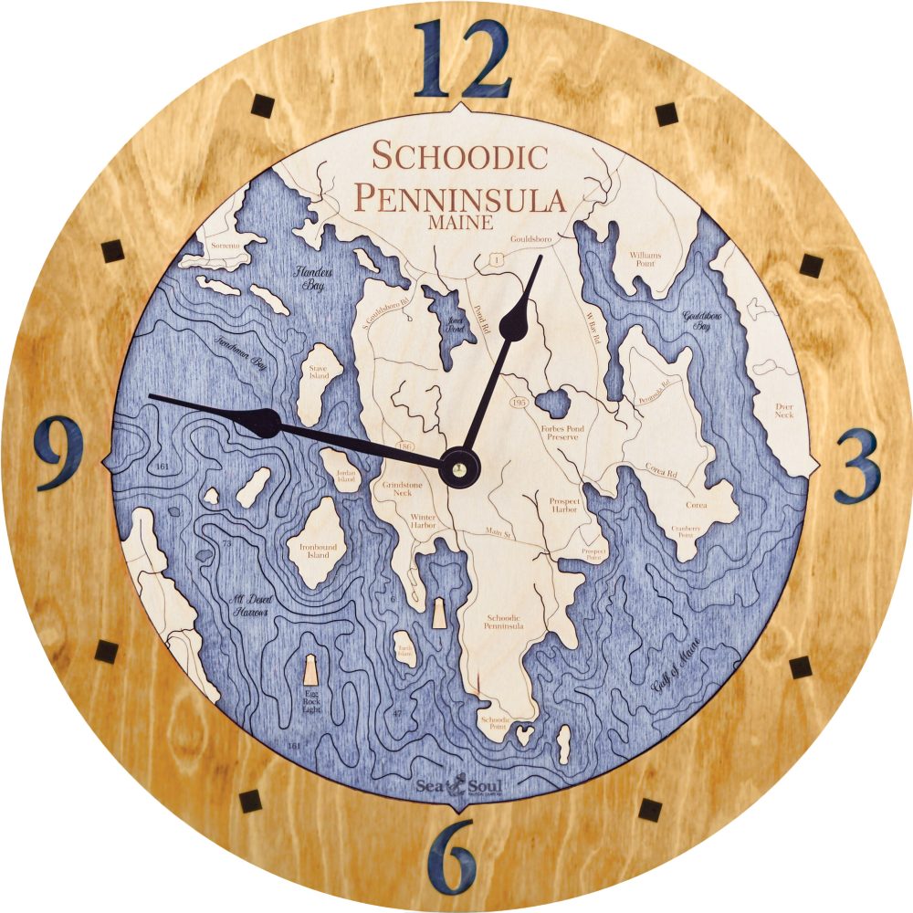 Schoodic Peninsula Nautical Map Clock Honey Accent with Deep Blue Water Product Shot