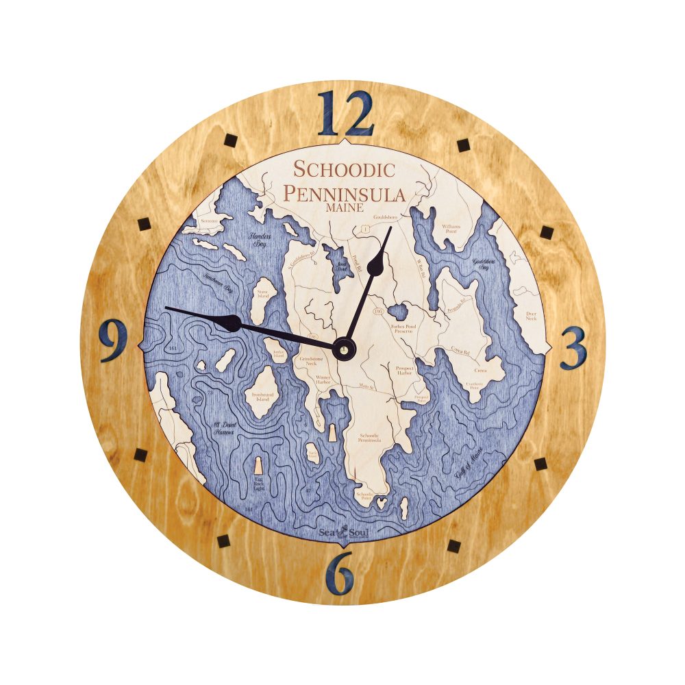 Schoodic Peninsula Nautical Map Clock Honey Accent with Deep Blue Water