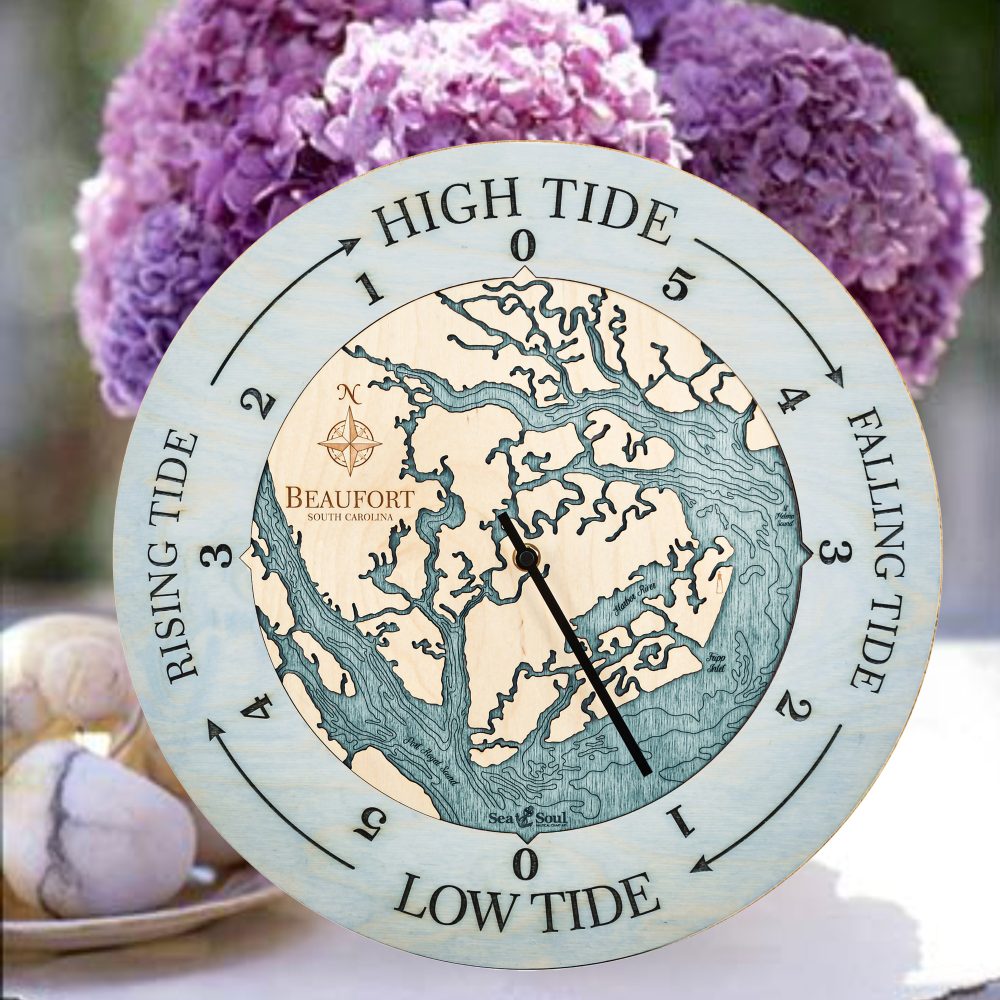 Beaufort South Carolina Tide Clock - Sun Bleached Blue with Blue Green Water Summer Flowers Lifestyle