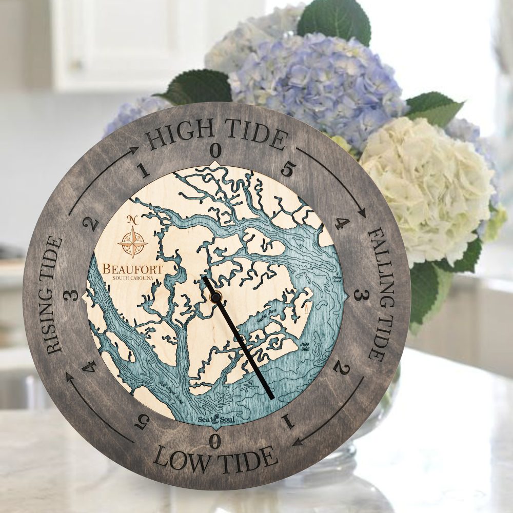 Beaufort South Carolina Tide Clock - Driftwood with Blue Green Water