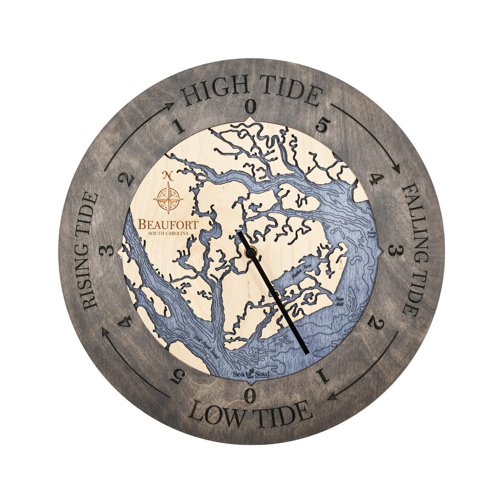 Beaufort South Carolina Tide Clock - Driftwood with Deep Blue Water