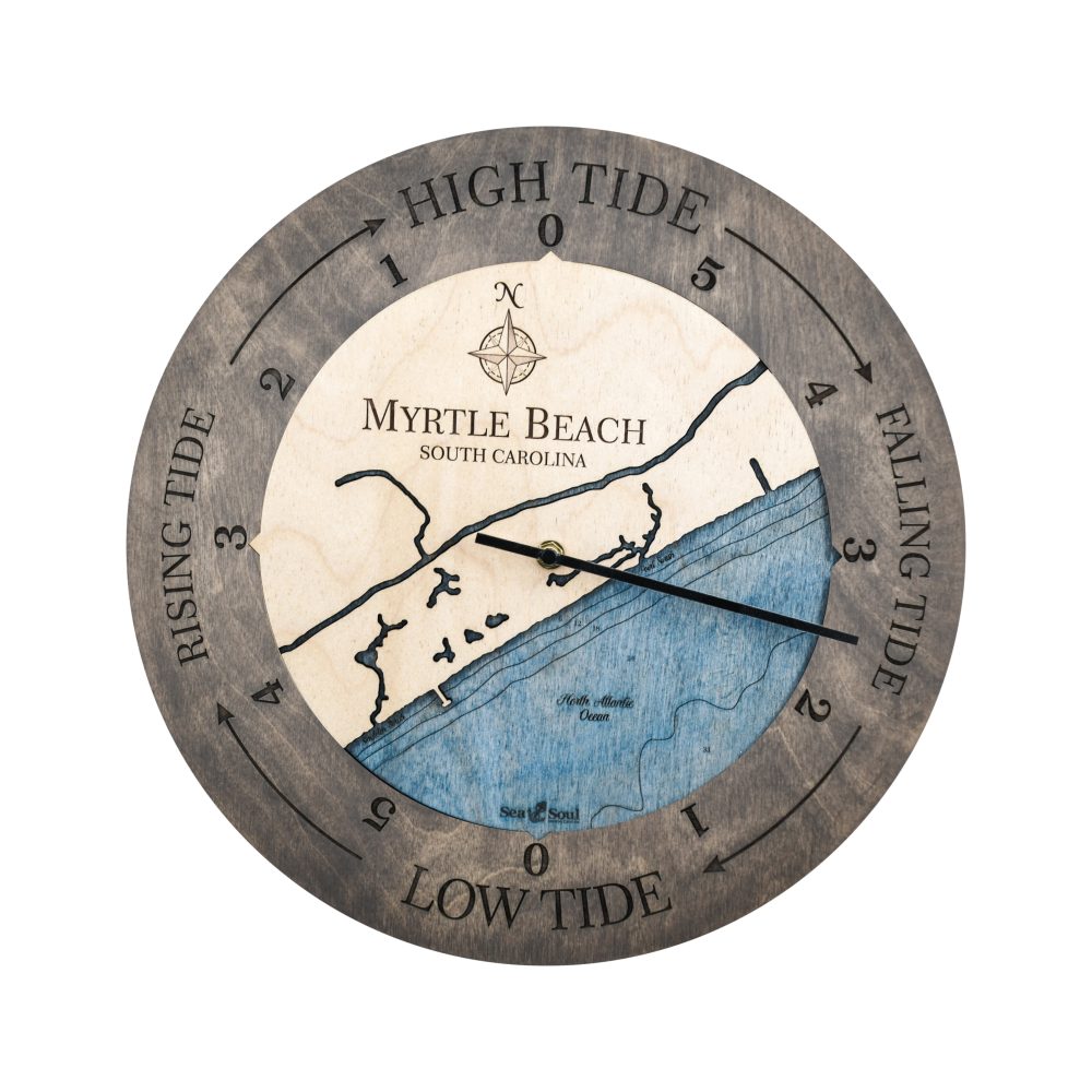 Myrtle Beach Tide Clock Driftwood Accent with Deep Blue Water