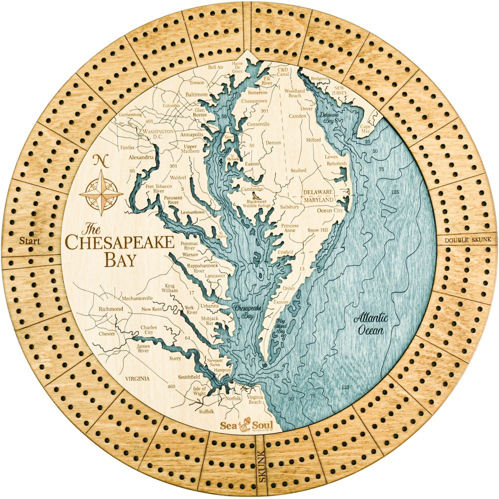 Chesapeake Bay Custom Cribbage Board shown in Honey Accent Ring with Blue Green Water