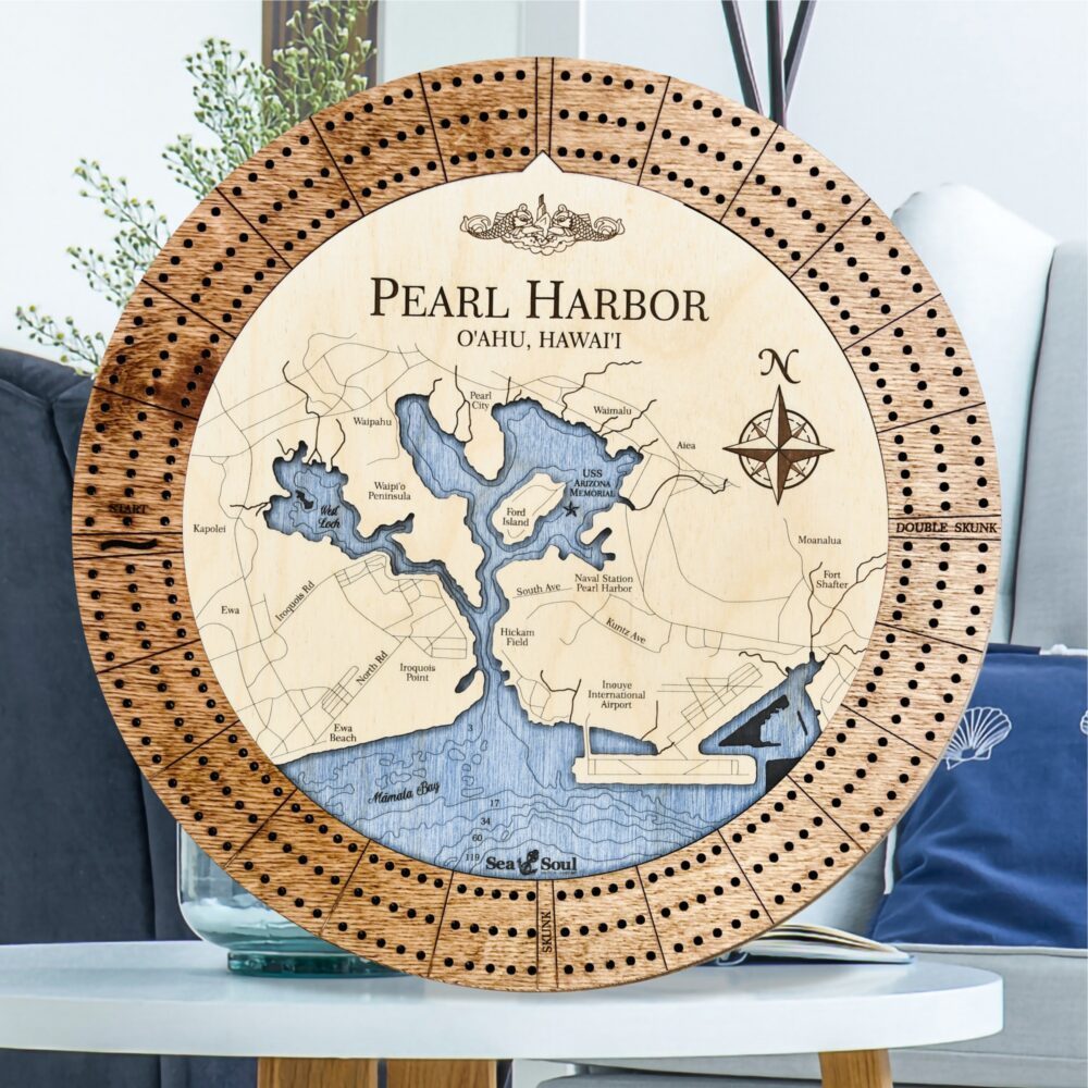 Pearl Harbor Custom Cribbage Board - Americana and deep blue water
