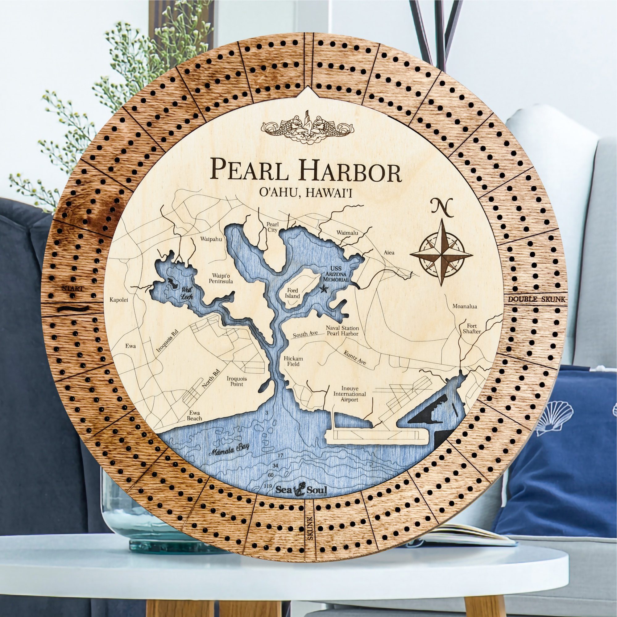 Pearl Harbor Custom Cribbage Board - Americana and deep blue water