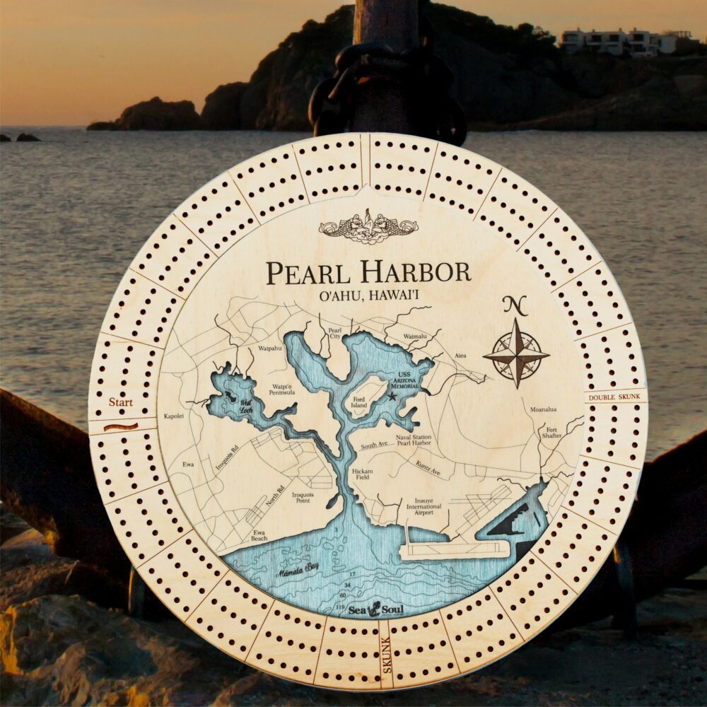 Pearl Harbor Custom Cribbage Board - birch and blue green water