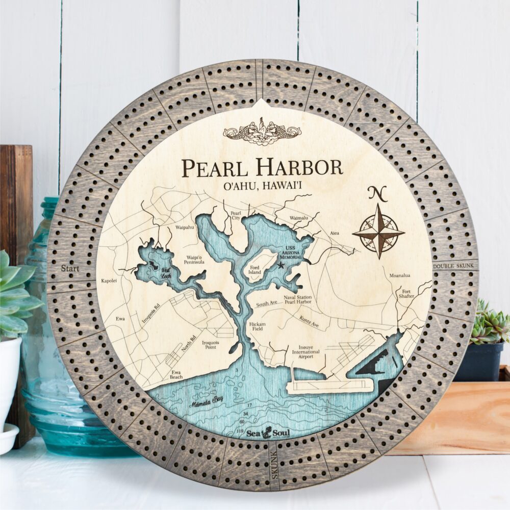 Pearl Harbor Custom Cribbage Board - driftwood and blue green water