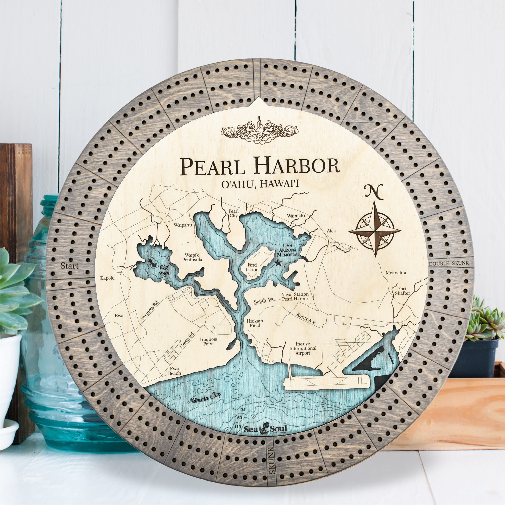 Pearl Harbor Custom Cribbage Board - driftwood and blue green water
