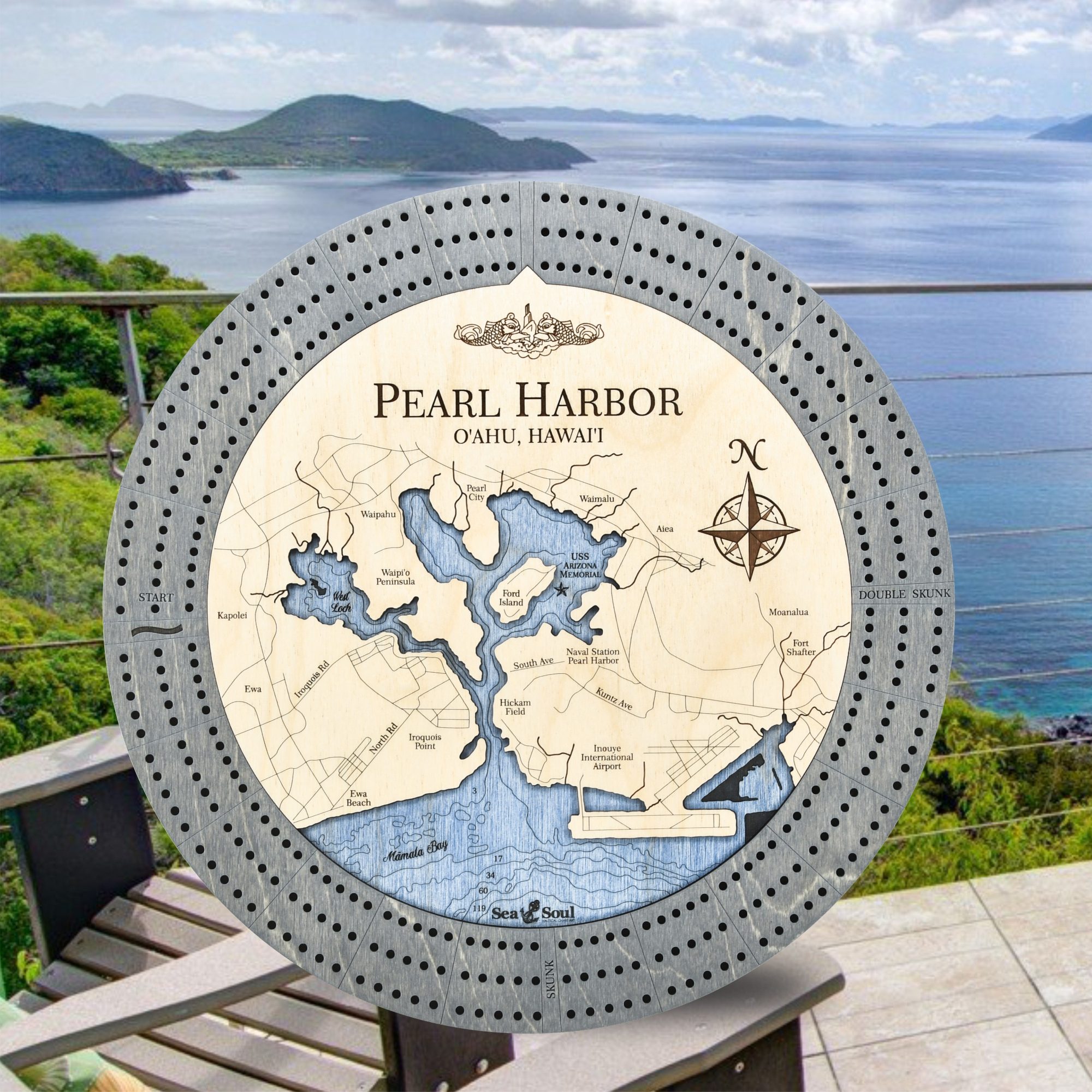 Pearl Harbor Custom Cribbage Board - driftwood and deep blue water