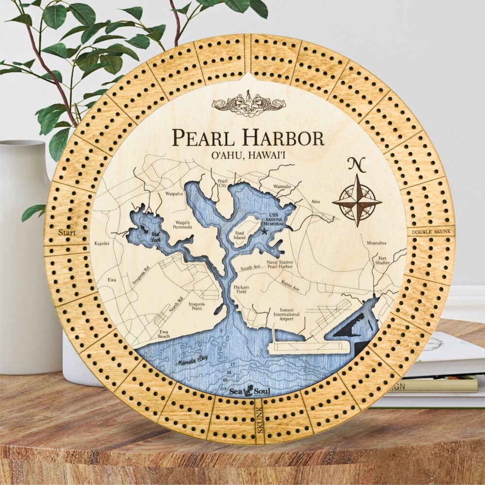 Pearl Harbor Custom Cribbage Board in Honey with Deep Blue Water