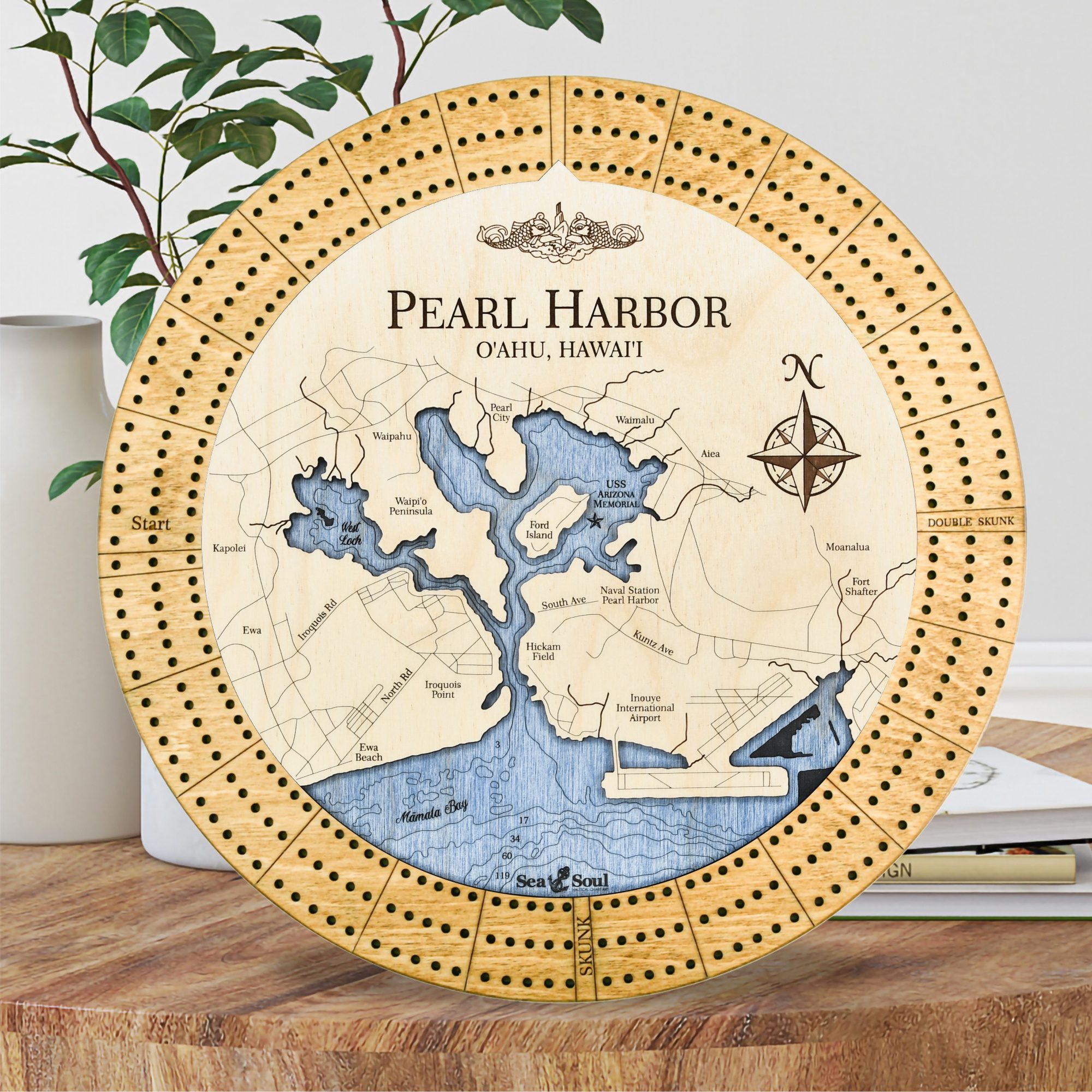 Pearl Harbor Custom Cribbage Board in Honey with Deep Blue Water