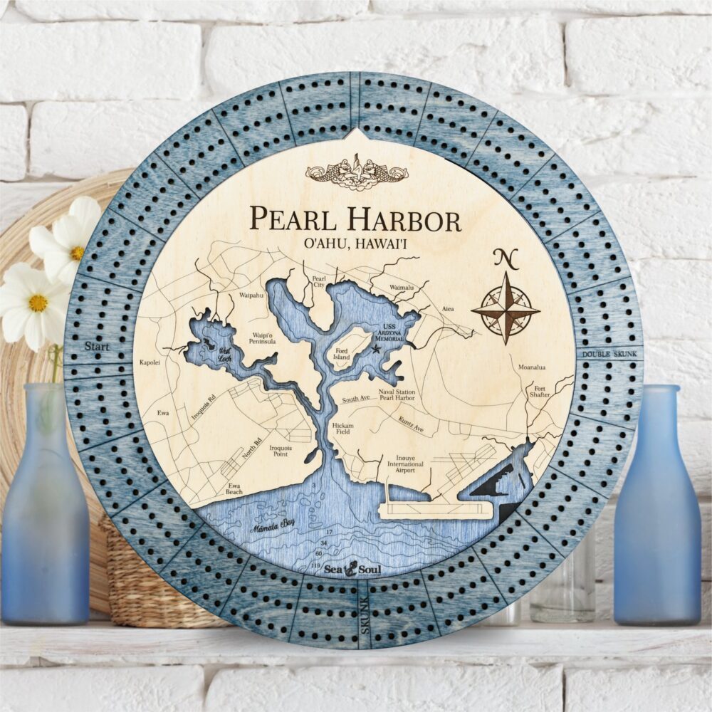 Pearl Harbor Custom Cribbage Board in Worn Navy with Deep Blue Water