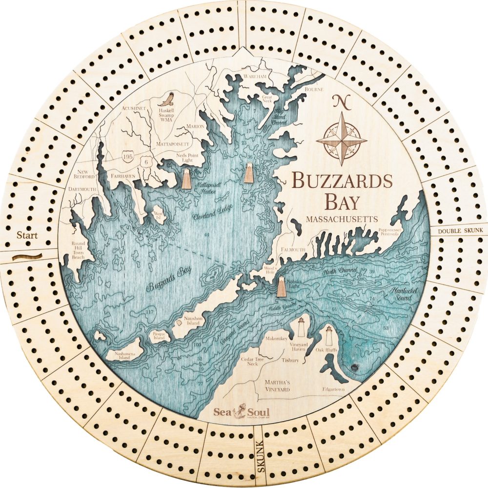 Buzzards Bay Custom Cribbage Board shown in All Birch with Blue Green Water