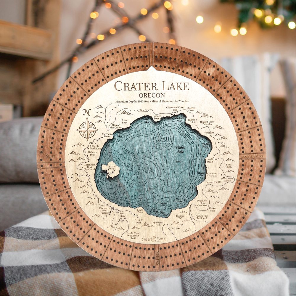 Crater Lake Custom Cribbage Board in Americana and Blue Green in use