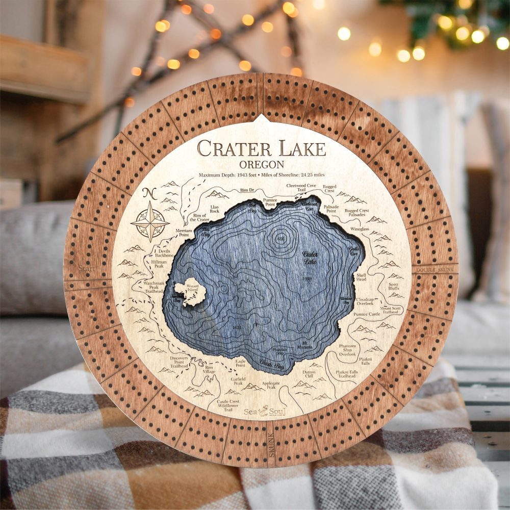Crater Lake Custom Cribbage Board in Americana and Blue in use