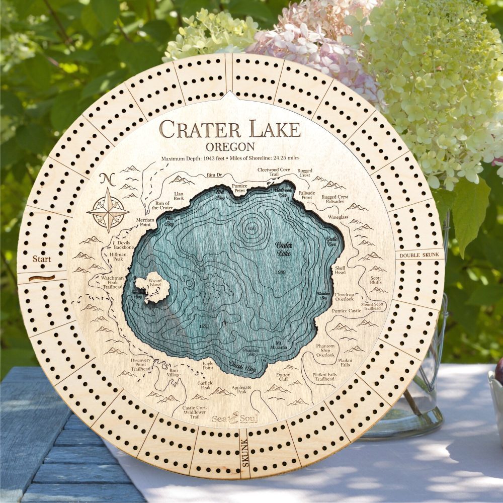 Crater Lake Custom Cribbage Board in Birch and Blue Green in use