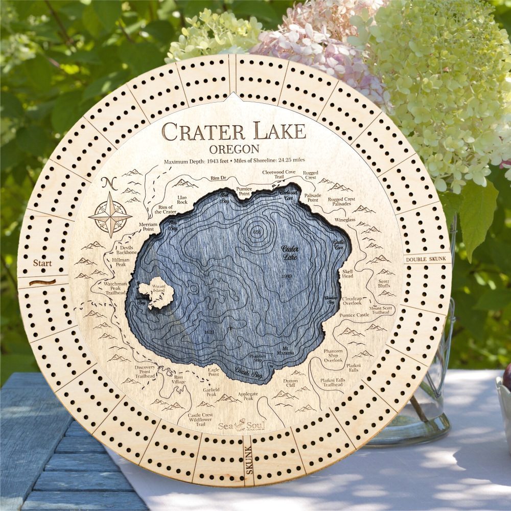 Crater Lake Custom Cribbage Board in Americana and Deep Blue in use