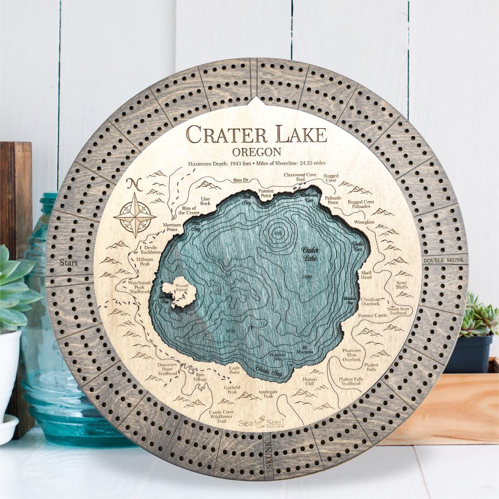 Crater Lake Custom Cribbage Board in Driftwood and Blue Green in use