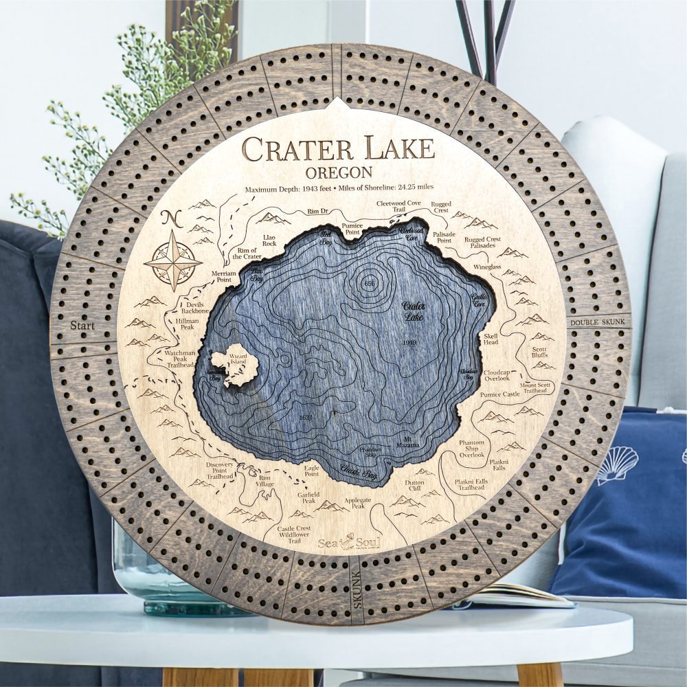 Crater Lake Custom Cribbage Board in Driftwood and Deep Blue in use