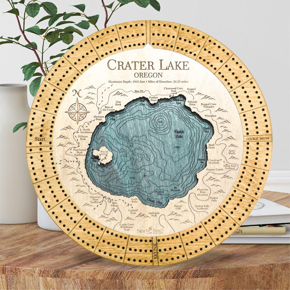 Crater Lake Custom Cribbage Board in Honey and Blue Green in use