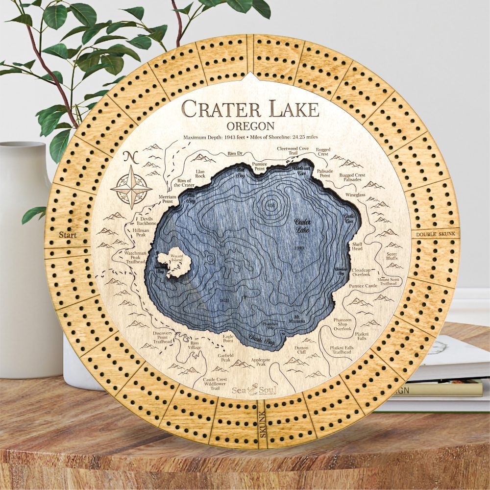 Crater Lake Custom Cribbage Board in Honey and Deep Blue in use