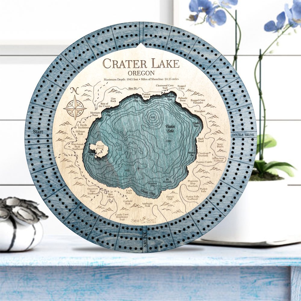 Crater Lake Custom Cribbage Board in Worn Navy and Blue Green Water in use