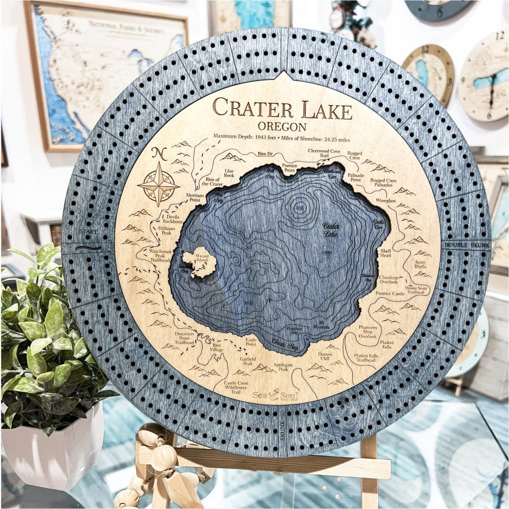 Crater Lake Custom Cribbage Board in Worn Navy in use