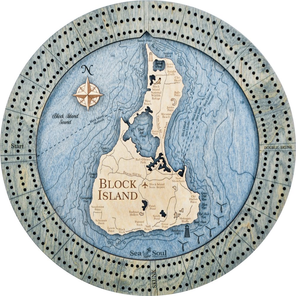 Block Island Custom Cribbage Board shown with worn navy accent ring and deep blue water