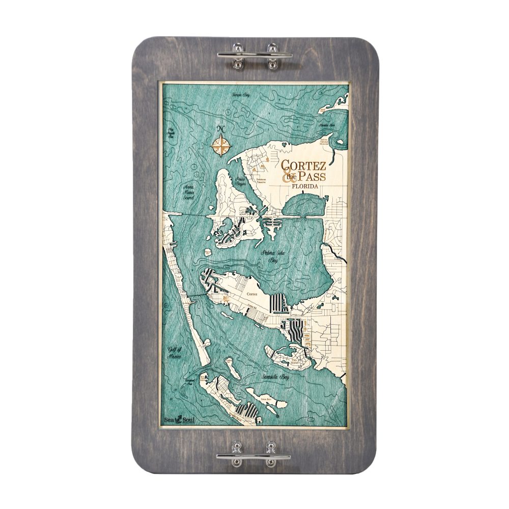 Cortez and Pass boat cleat serving tray Driftwood Gray with blue green water