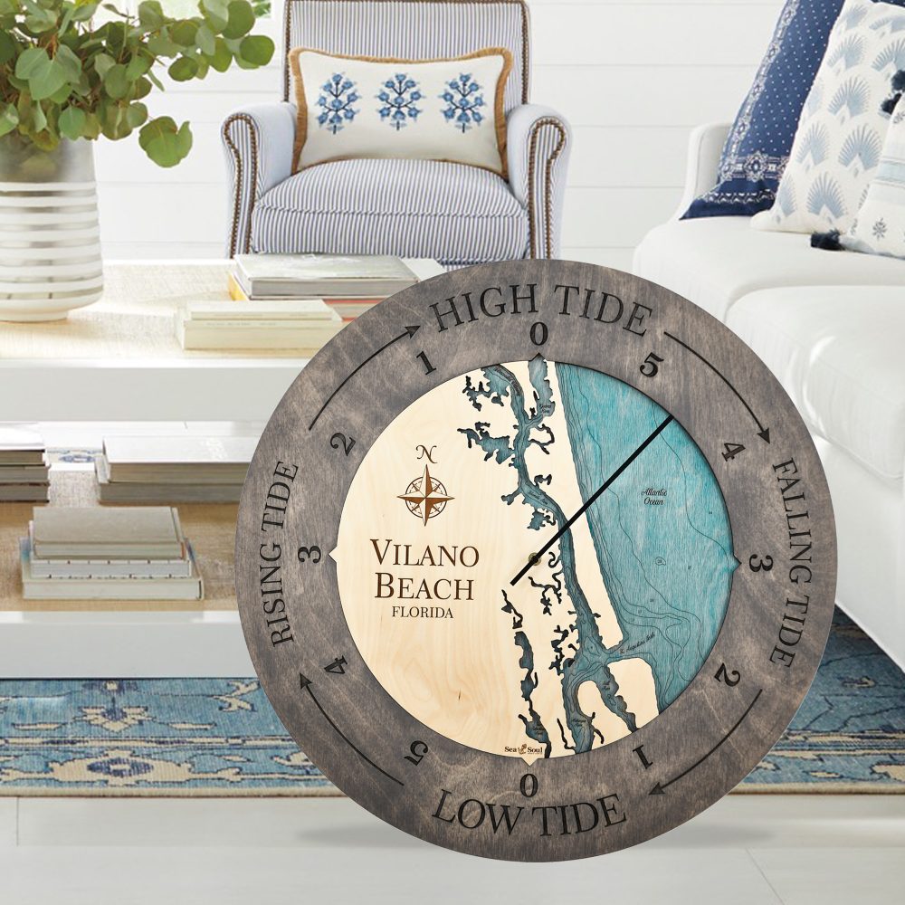 Vilano Beach Tide Clock Driftwood Gray accent with blue green in use