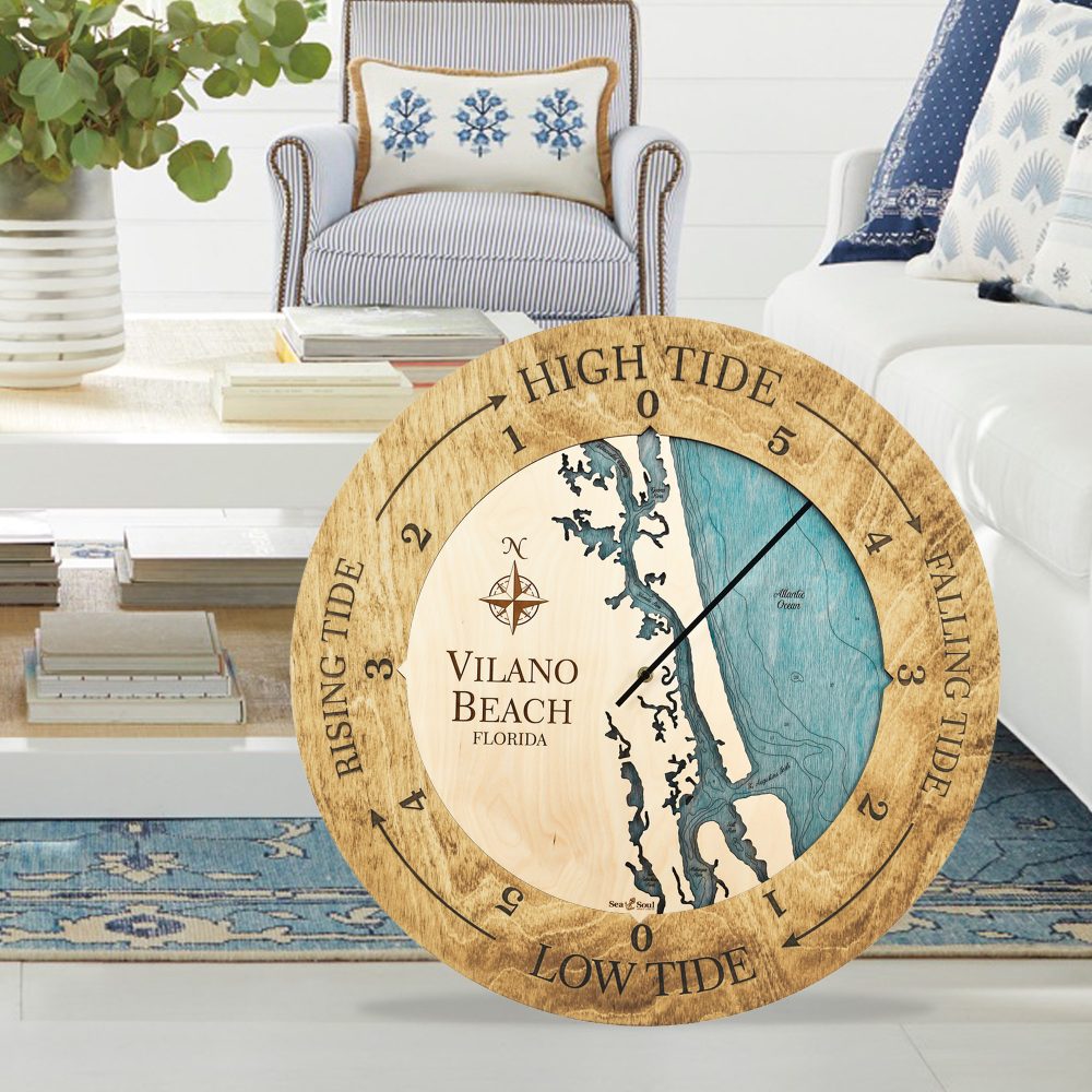 Vilano Beach Tide Clock Honey accent with blue green in use