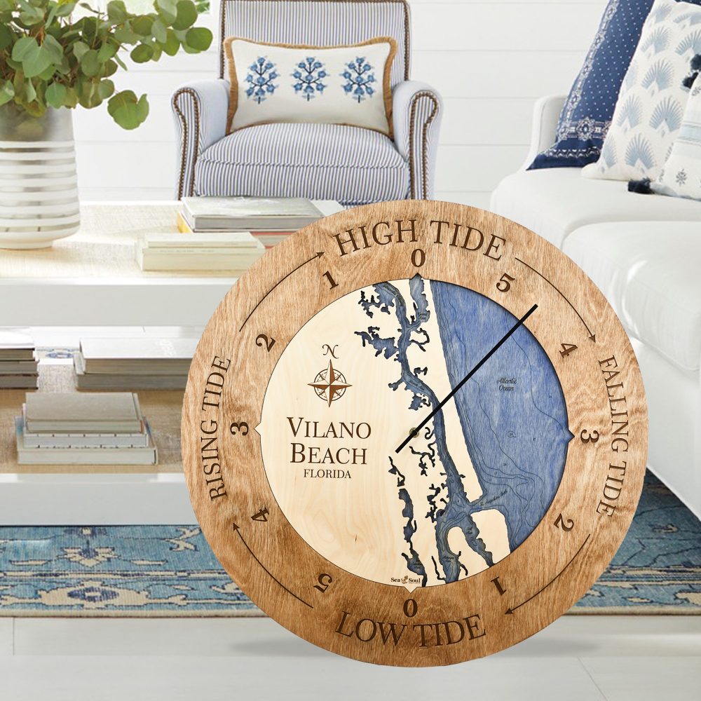 Vilano Beach Tide Clock Americana accent with deep blue in use